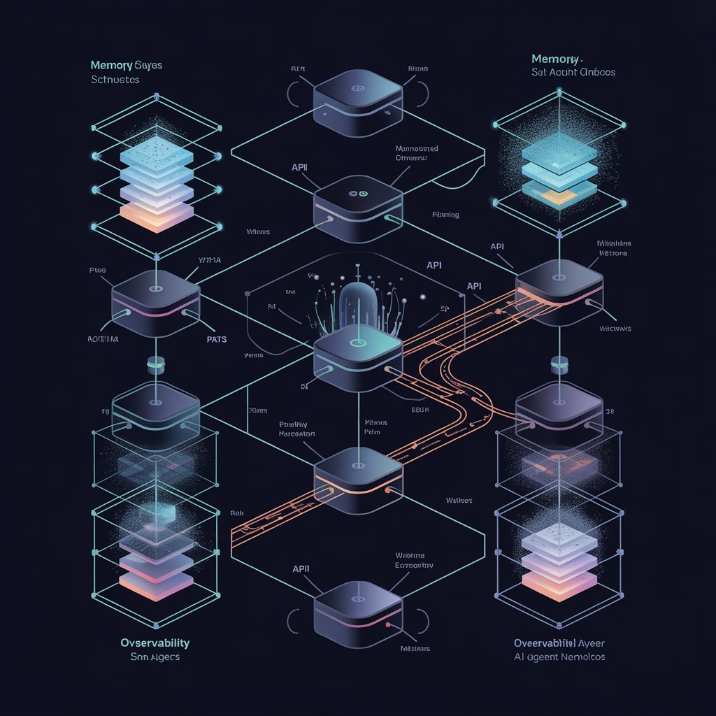 Diagrama técnico de arquitetura de agentes com memória, APIs, workflows e observabilidade